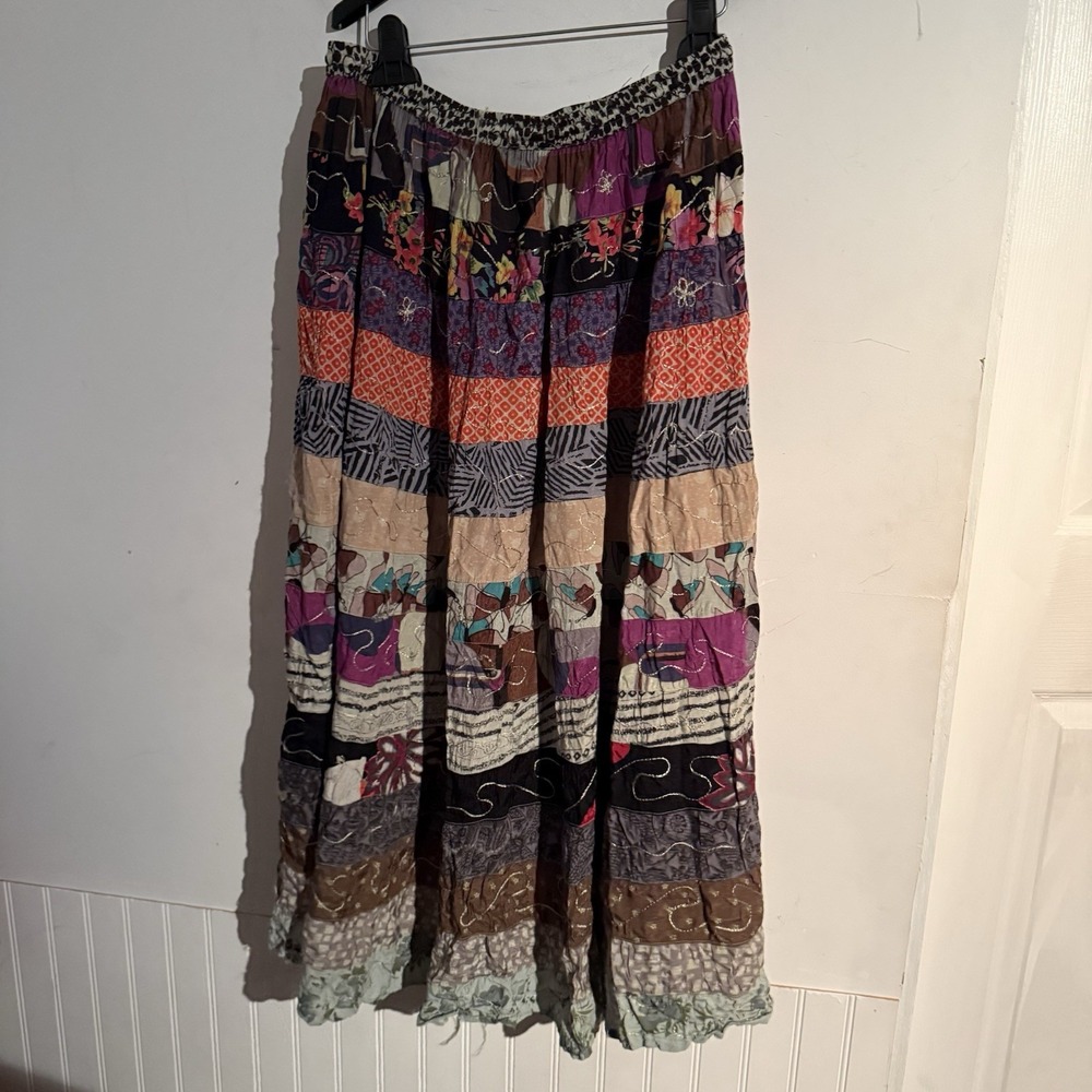 Blue Sky Pull On Boho Hippie Patchwork Maxi Skirt Gypsy Festival Witchy Grunge
